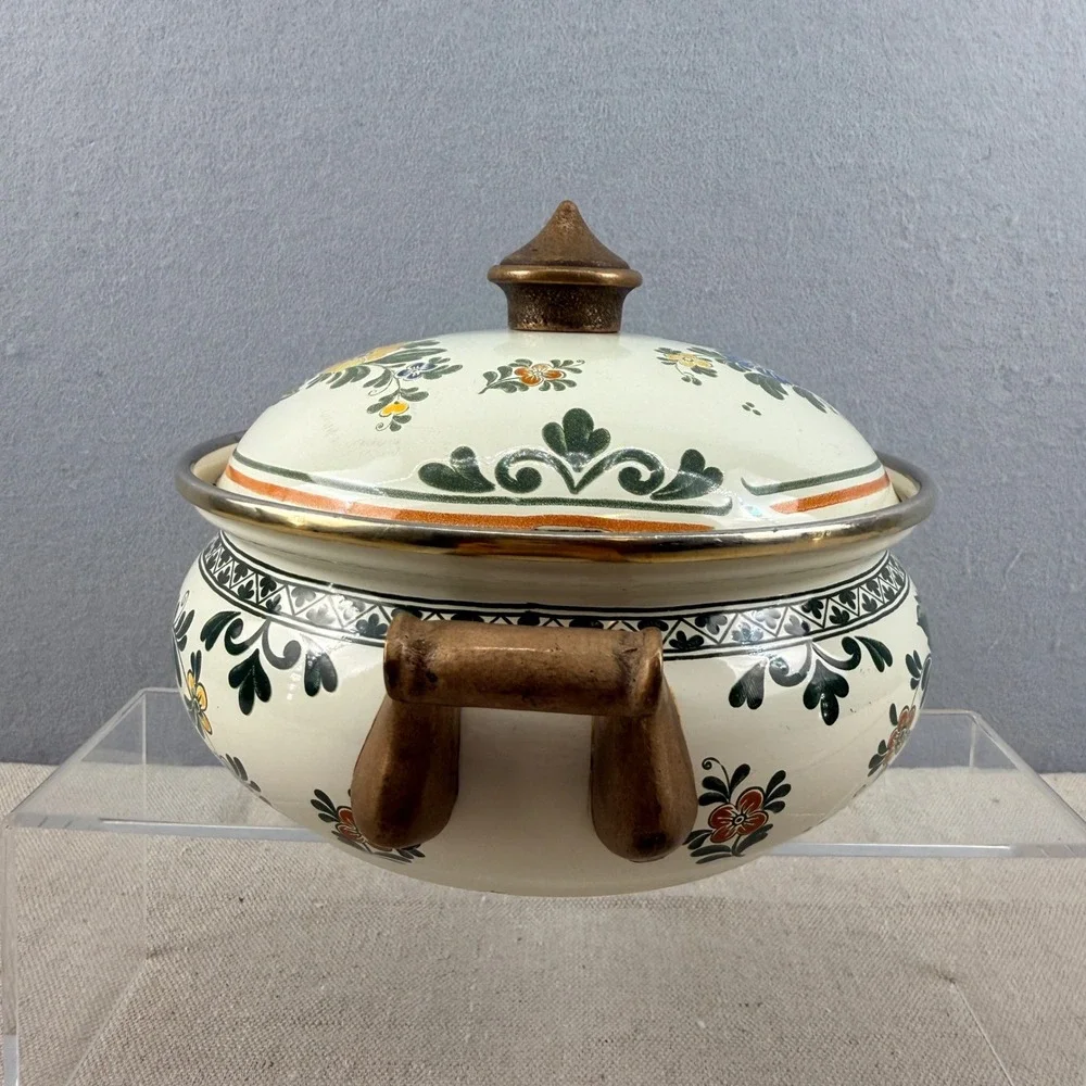 ASTA Enamelware‎ Floral Casserole Pot with Lid West Germany Brass Handles